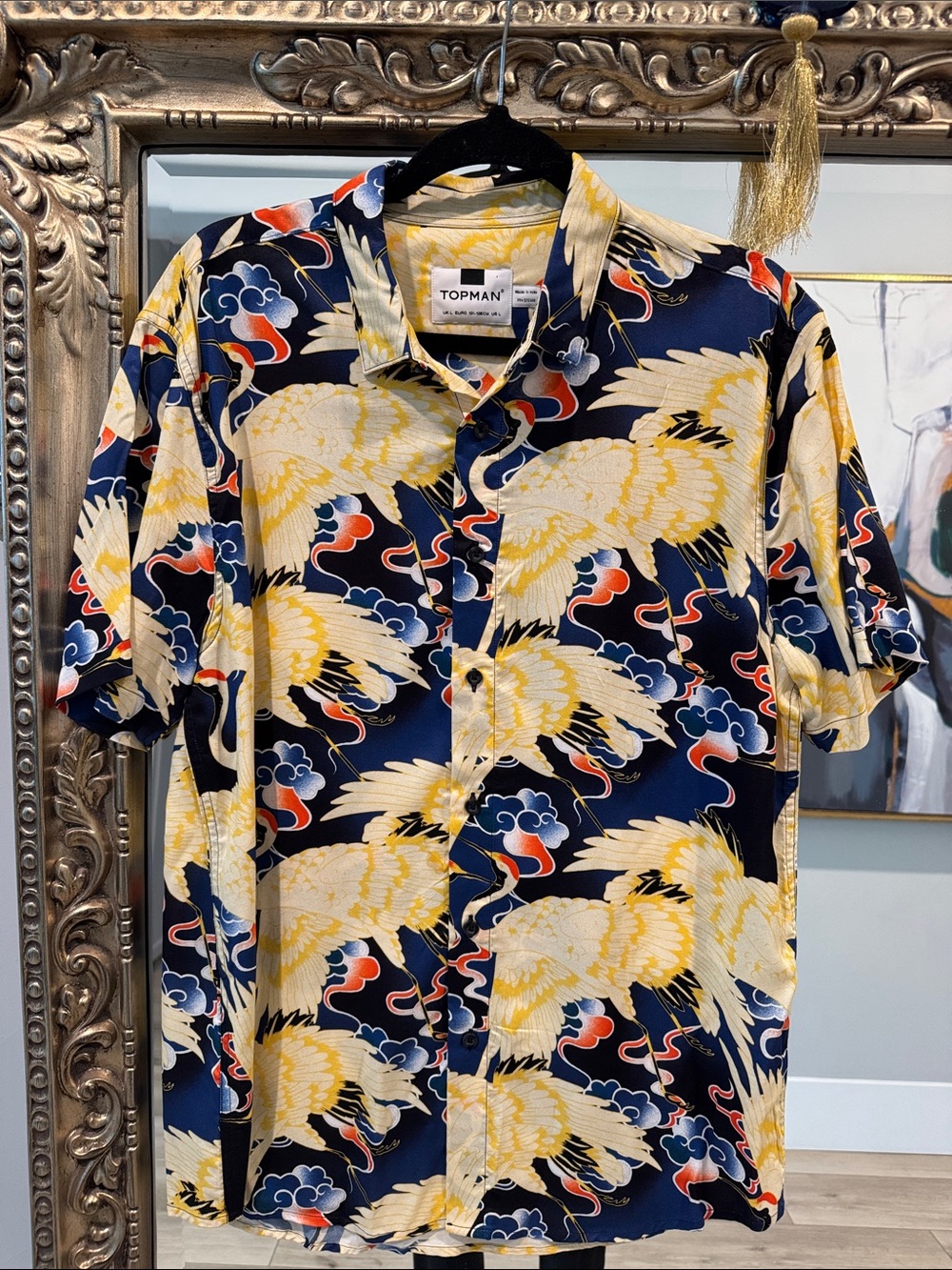 Topman Navy Short-Sleeve Button-Up with Yellow Crane Print and Red Accents